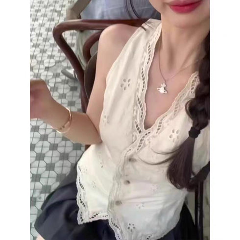 Embroider V-neck Cotton Vest With Lace Border